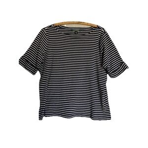 LAUREN Ralph Lauren Womens 1X Top Navy‎ Striped Boat Neck Rolled Short Sleeve